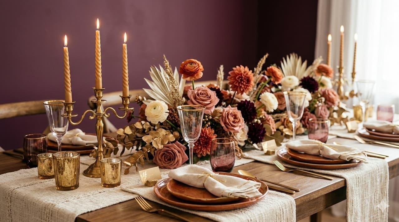 Table de mariage dressée — bougies dorées, roses terracotta et crème, vaisselle en terre cuite