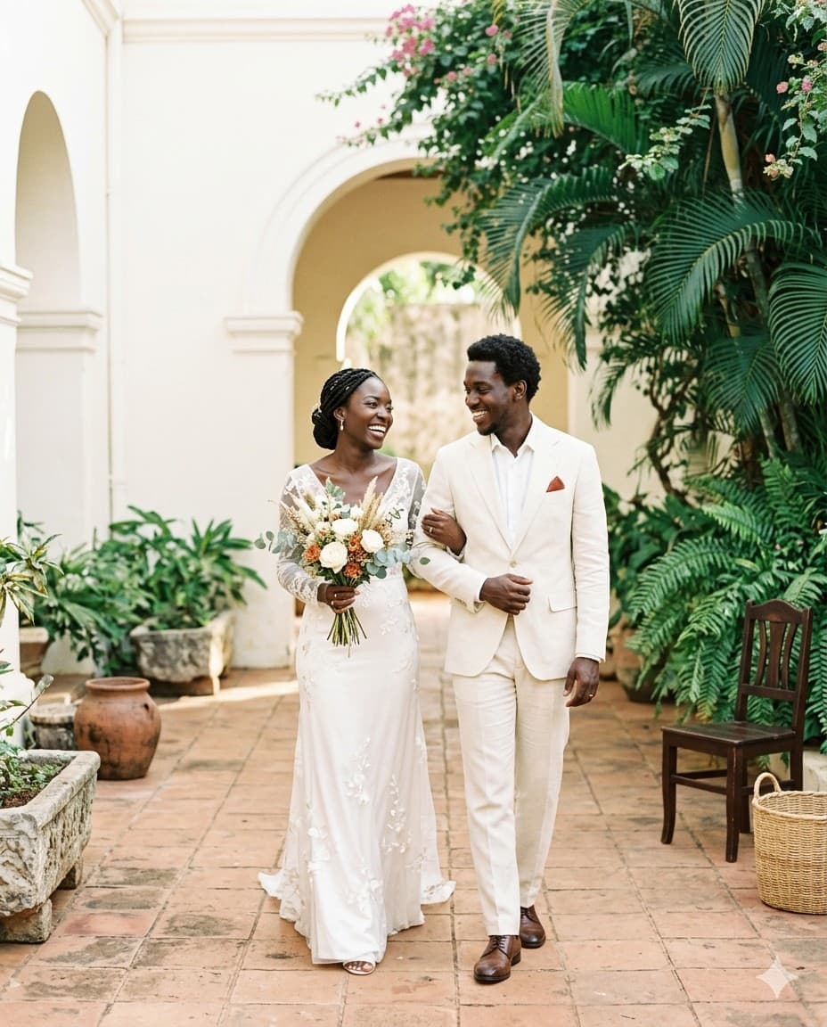Couple de jeunes mariés en Guinée — robe blanche et costume crème