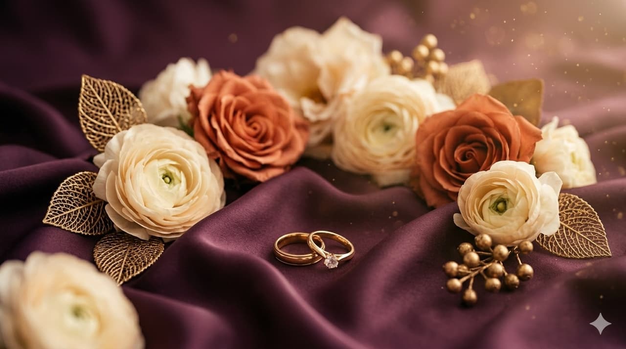 Alliances dorées sur du satin prune, entourées de roses crème et terracotta